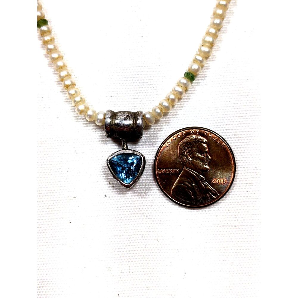 Vintage Pearl Necklace With Blue Silver Pendant Box Clasp Delicate Coquette 80s